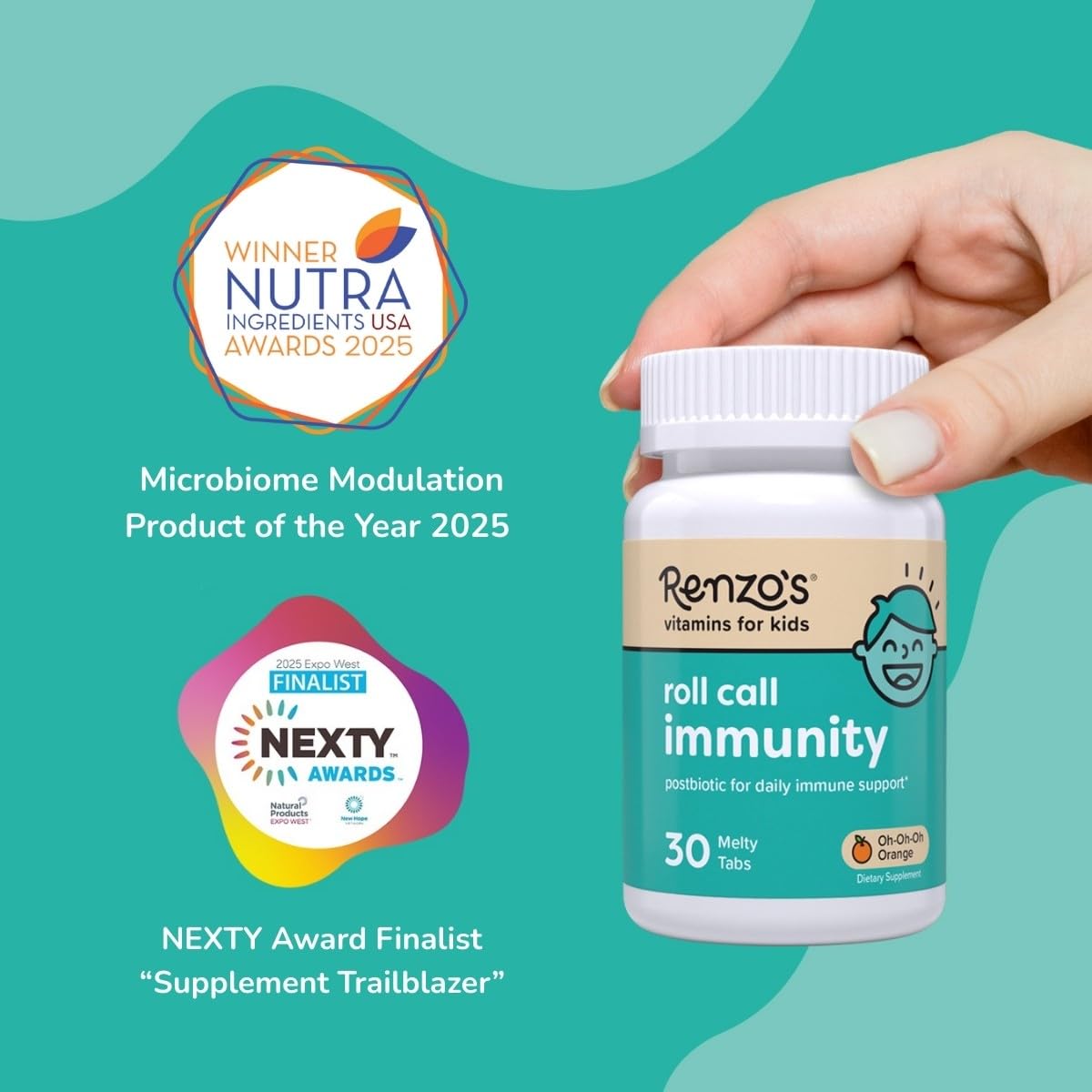 Renzo's Roll Call Immunity - Dissolvable Kids Immune Support Supplement with IMMUSE Postbiotic, Sugar-Free Kids Vitamins, 30 Orange-Flavored Melty Tabs Renzo's uk supplements