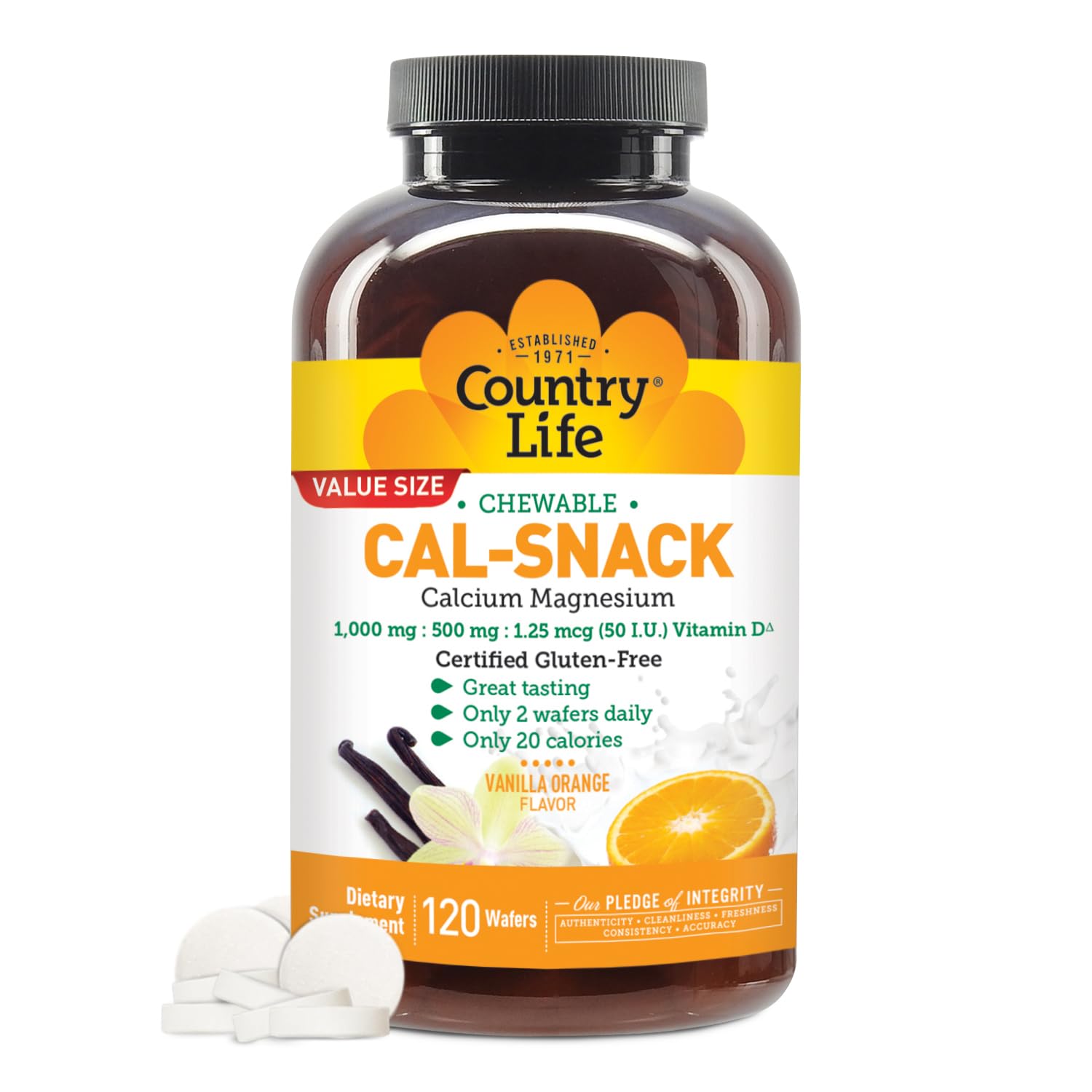Country Life Cal-Snack - Chewable Calcium Magnesium Supplement wafers with Vitamin D3, Easy to Digest, Vanilla Orange Flavor, Dietary Supplement Country Life uk supplements
