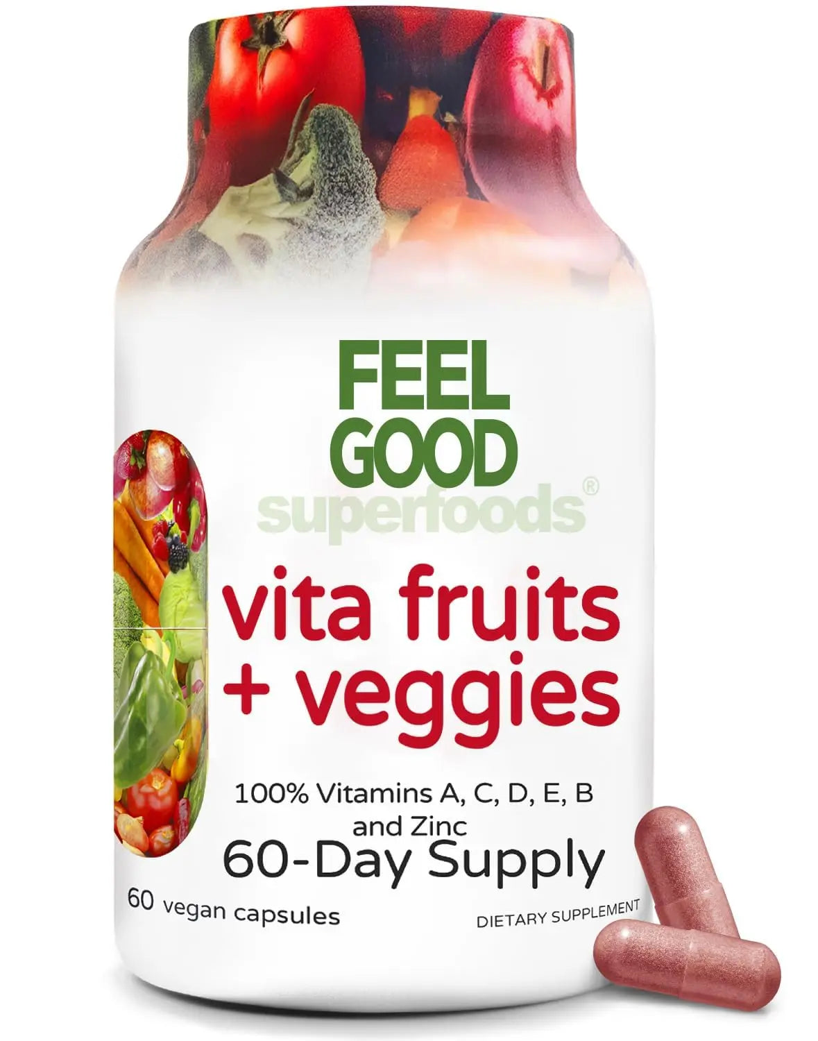 FeelGood Superfoods Vita Fruits and Veggies Capsules - 25 Superfood Ingredients, Fruit and Vegetable Multivitamin, 60 Count FeelGood Superfoods uk supplements