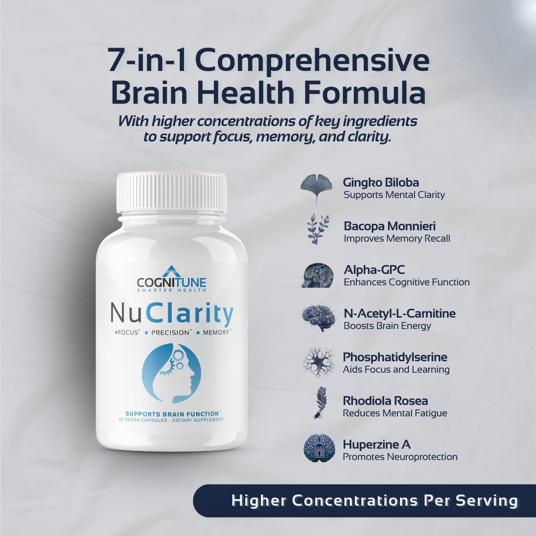 CogniTune NuClarity Brain Supplement for Memory and Focus - Caffeine-Free Nootropic for Mental Clarity Without Jitters - with Ginkgo Biloba, Bacopa Monnieri, Alpha-GPC for Cognitive Support CogniTune uk supplements