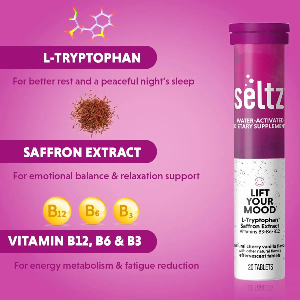 Seltz® Lift Your Mood – Effervescent Vitamins for Mood Support & Energy with L-Tryptophan, Saffron Extract & B Vitamins (B3, B6, B12) Seltz uk supplements