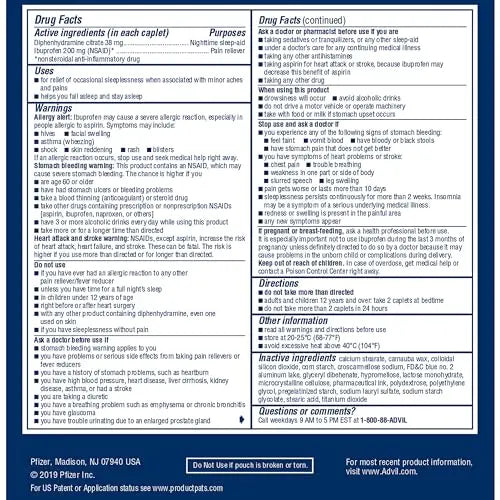 Advil PM Pain Reliever and Nighttime Sleep Aid, Pain Medicine with Ibuprofen for Pain Relief and Diphenhydramine Citrate for a Sleep Aid - 50x2 Coated Caplets Advil uk supplements