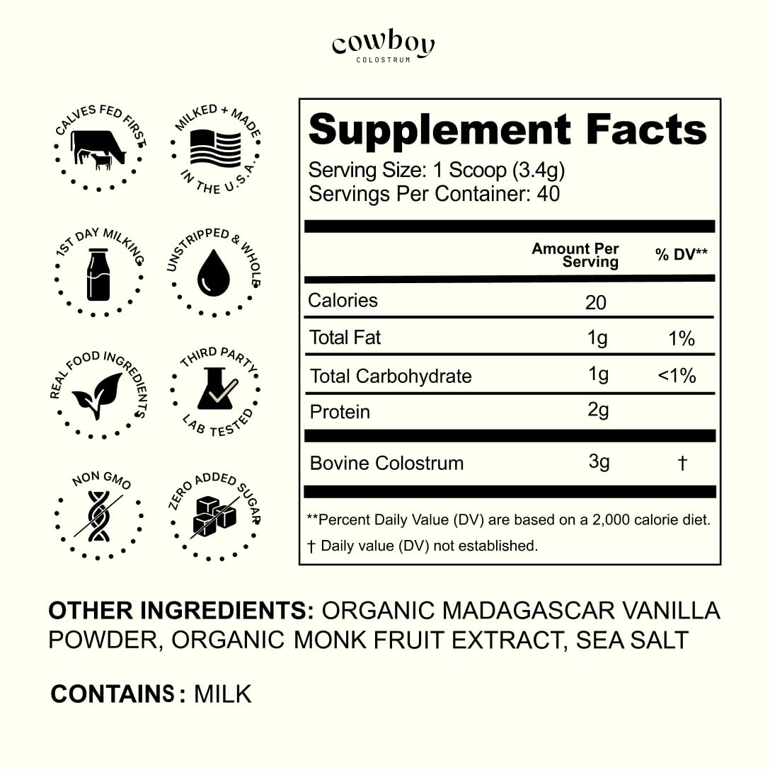 Cowboy - The Exclusive 1st Milking, Whole, Grass Fed Colostrum Supplement for Full Body Health - Bovine Colostrum Powder Packed w/Bioactive Nutrients - Sugar Free (Vanilla, 40 Servings) COWBOY COLOSTRUM uk supplements