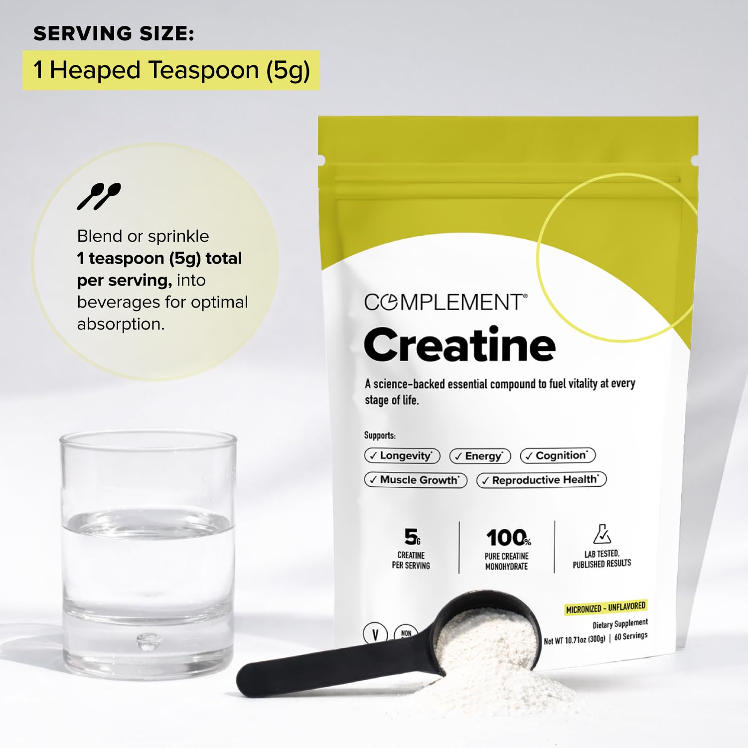 Complement Creatine Monohydrate Micronized Powder for Women and Men (5g, 60 Servings) Pre Workout, Post Workout, Muscle Recovery, Brain Health, Longevity- Vegan, Unflavored Complement uk supplements