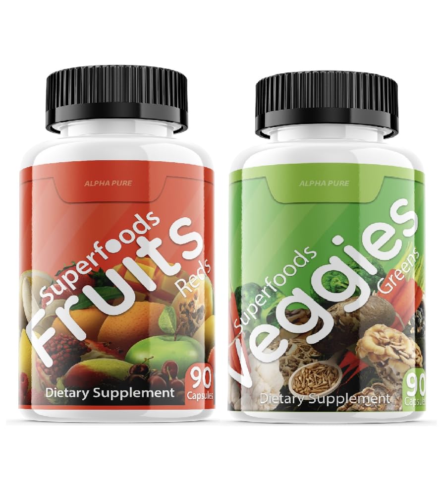 Alpha Pure Superfoods Reds Fruits and Greens 180 Capsules Vegetables Fruits and Veggies Superfood | Natural Balance of 90 Fruit Capsules, 90 Veggie Capsules for Men, Women Vitamins and Minerals Alpha Pure uk supplements