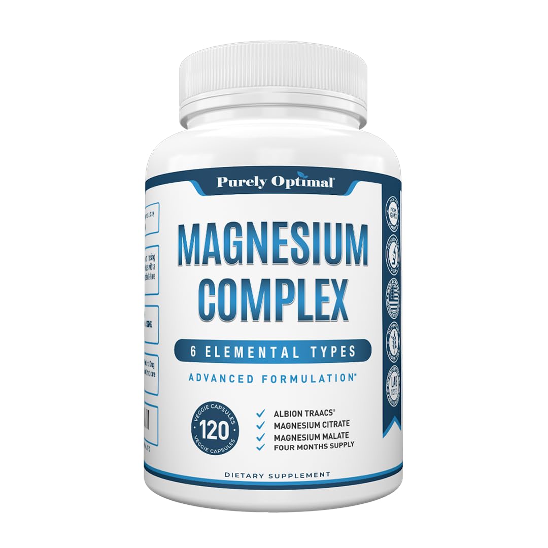 Purely Optimal Magnesium Complex - 6 Forms Magnesium Glycinate, Citrate & Malate - Sleep Support, Stress Relief, Muscles, Heart Health & Relaxation - Magnesium Supplement for Women & Men, 120 Caps Purely Optimal uk supplements