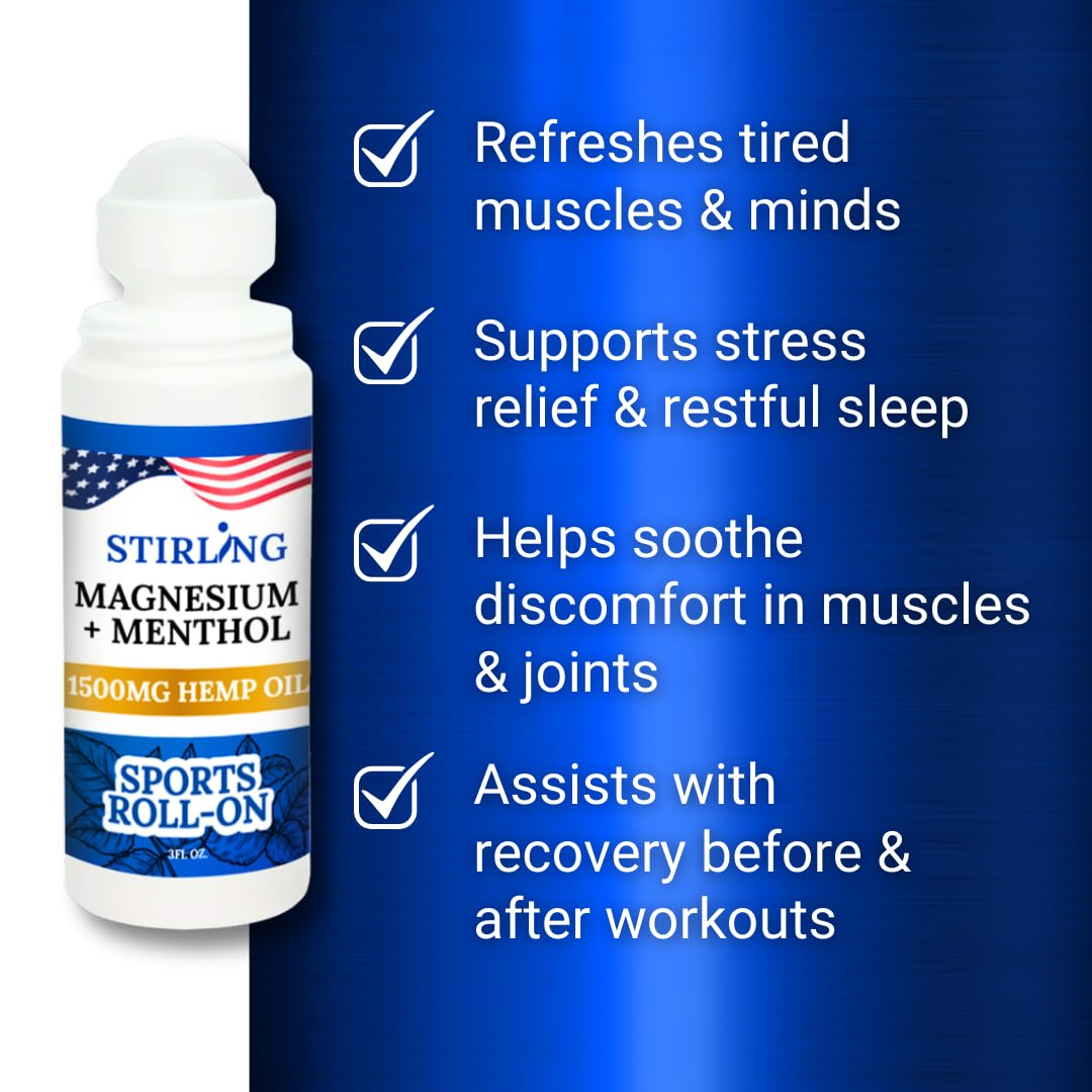 Stirling Menthol Roll On Lotion with Magnesium and 1500mg Pure Hemp - Non-GMO, THC-Free - Fast-Acting Relief for Sore Muscles and Joints, Reduces Swelling and Redness, Promotes Post-Workout Recovery STIRLING uk supplements