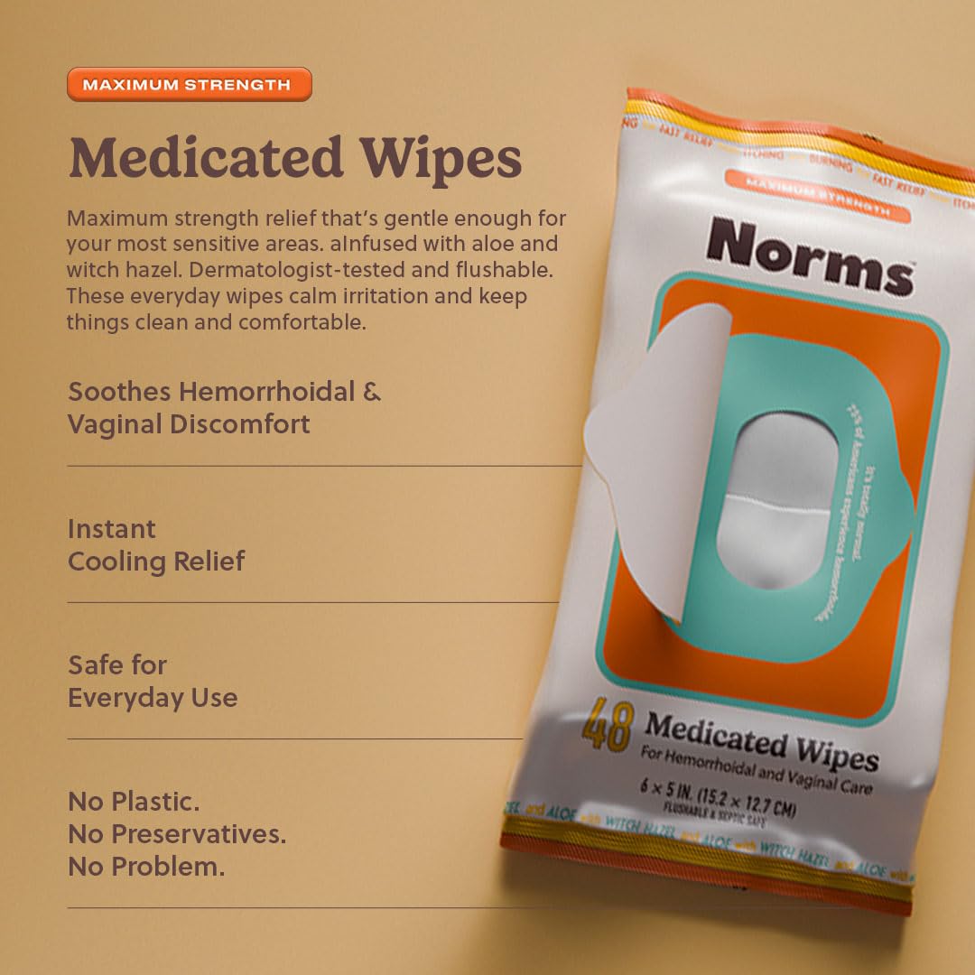 Norms Medicated Hemorrhoid Wipes with Witch Hazel and Aloe, Soothing Flushable Wipes for Itching, Burning & Swelling Relief, Hypoallergenic & Fragrance Free - 48ct (Pack of 1) Norms uk supplements