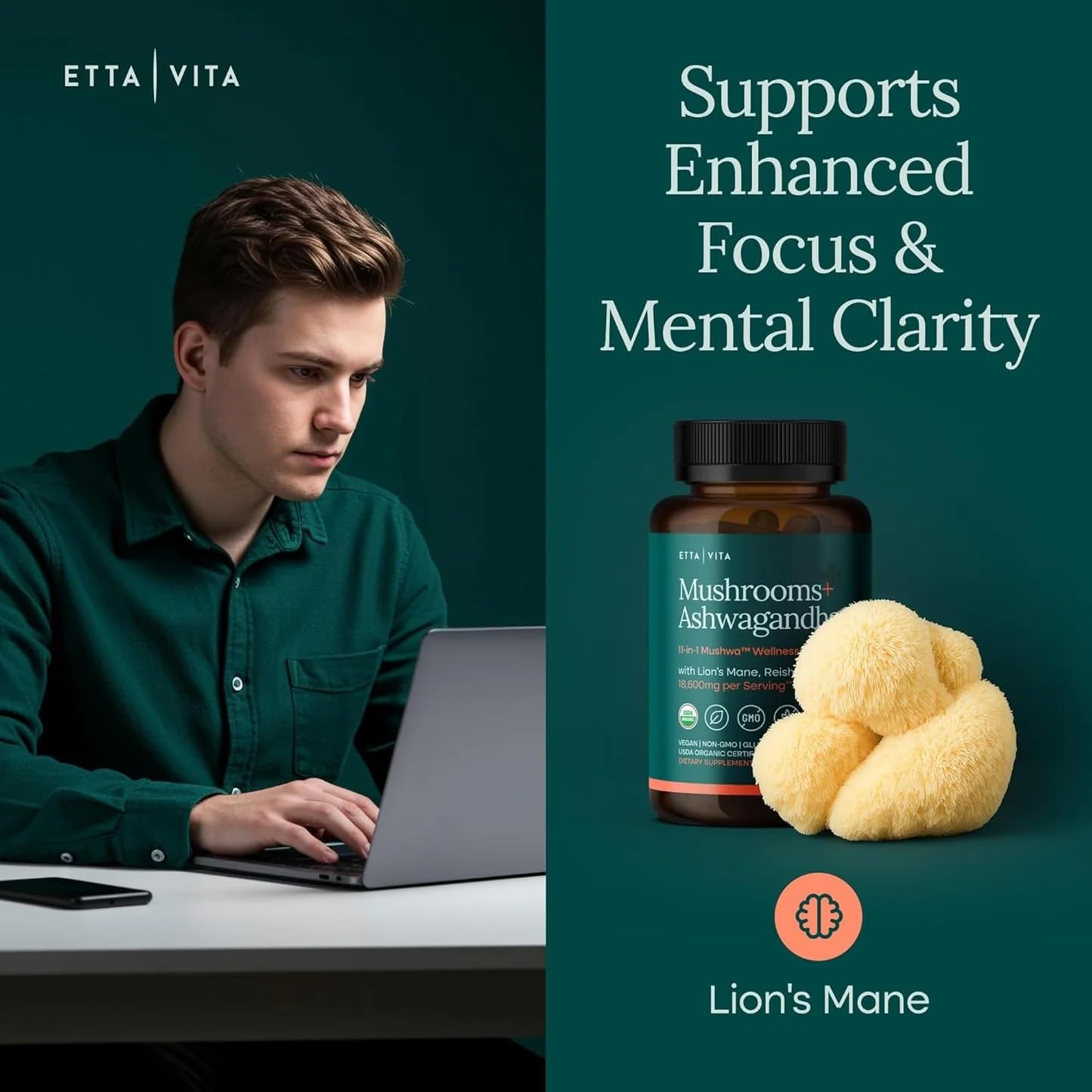 USDA Organic Lions Mane Supplement Capsules with Ashwagandha, Chaga, Reishi, Cordyceps, Turkey Tail (18,600mg/serv) 10x Adaptogenic Mushroom Complex as Focus Supplement - Energy, Immunity & Nootropic Etta Vita uk supplements