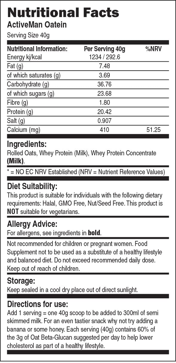 ActiVeman Oatein- 20g Protein per Serving- High in Fibre- Delicious On-The-Go Bio-Synergy uk supplements