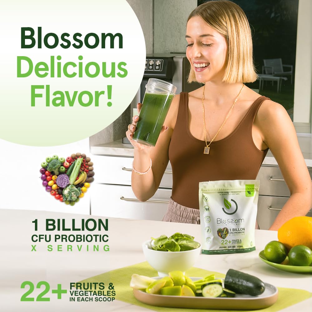 Blossom SuperGreens Probiotics – Digestive Enzymes with Pre/ProBiotics for Bloating Relief – 30+ SuperGreens & SuperReds to Boost Energy –Organic, Gluten-Free, No Fiber, 0g Sugar (Lemon Citrus) BRANIA uk supplements