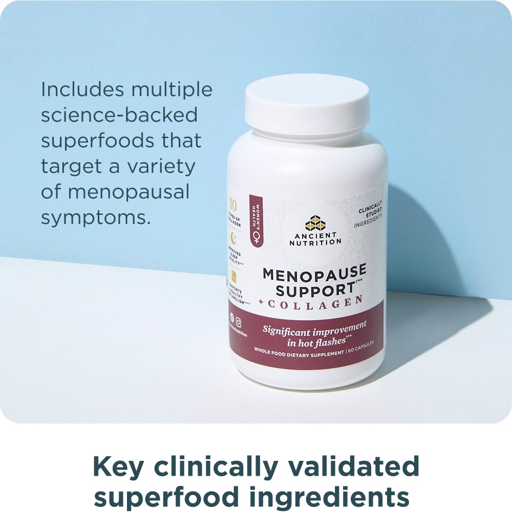 Ancient Nutrition Menopause Support + Collagen Supplement, Hydrolyzed Collagen Peptides, Key Clinically Validated Superfoods, Significant Improvement in Hot Flashes and Sleep Quality, 60 Capsules Ancient Nutrition uk supplements