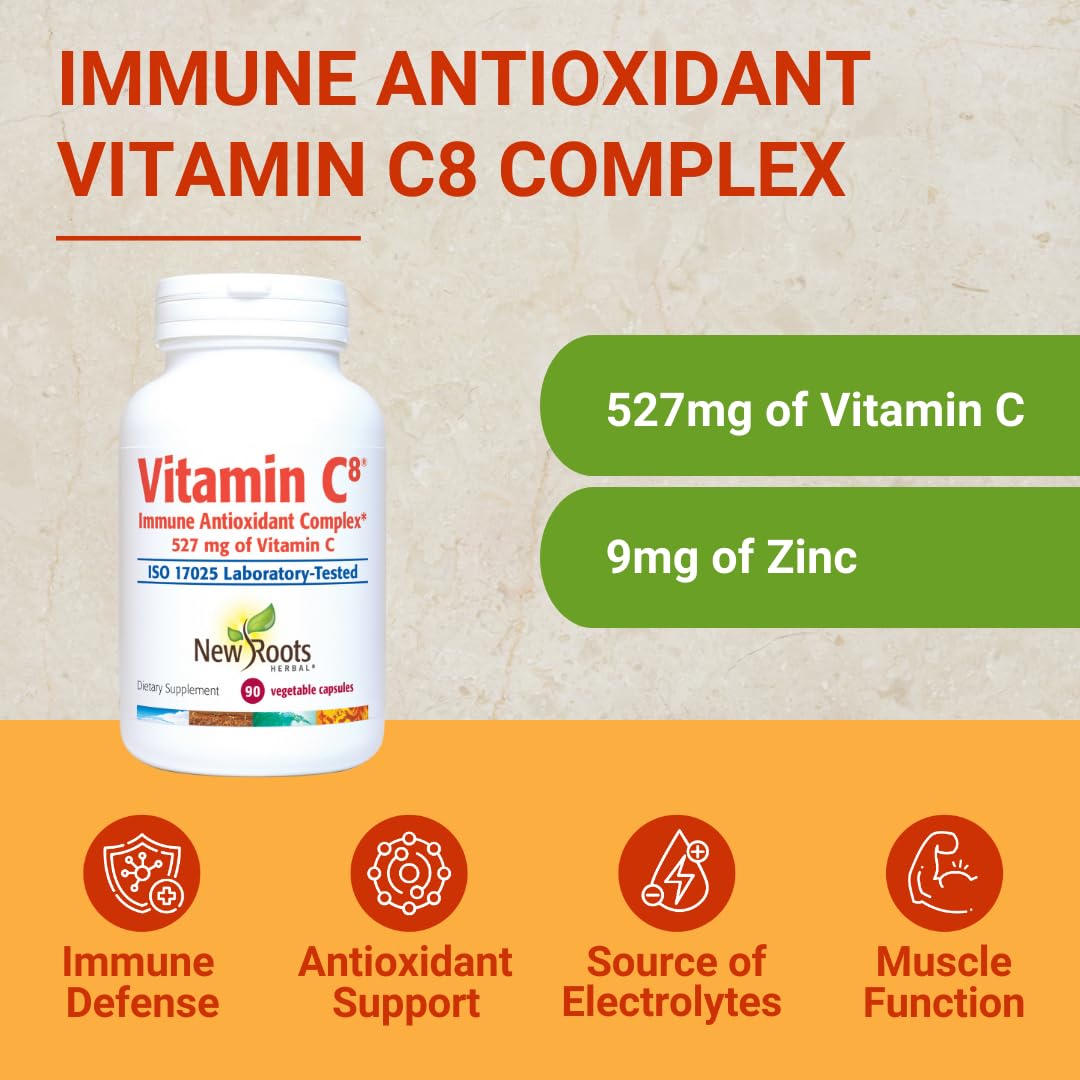 Vitamin C8 + Zinc Supplement for Higest Absorption (90 Capsules) | 527mg per Portion | 8 Buffered Sources of Vitamin C with Bioflavonoids, Green Tea & Quercetin for Stronger Defense | 3 months Supply NEW ROOTS HERBAL uk supplements