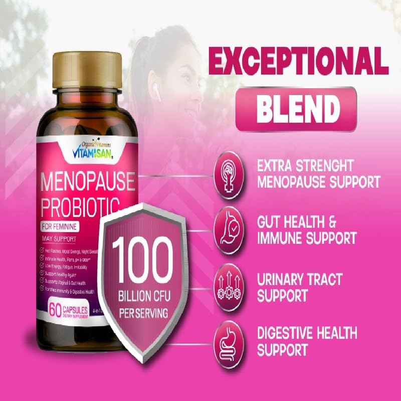 Menopause Support for Women – Hormone-Free Prebiotics & Probiotics 100 Billion CFU with Black Cohosh & Ashwagandha | Feminine Care, pH Balance, Vaginal Health, Hot Flashes, Night Sweats & Mood Swings VITAMISAN uk supplements