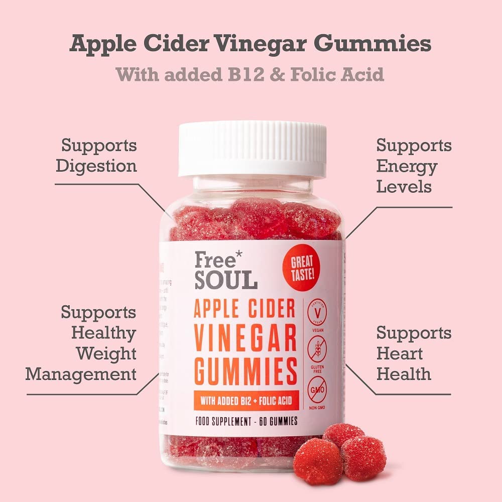 Apple Cider Vinegar Gummies with The Mother 1000mg Enhanced with Vitamin B12 & Folic Free Soul uk supplements