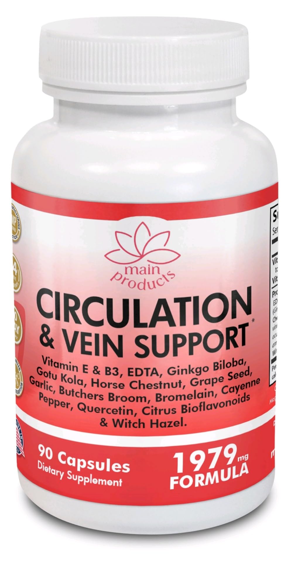 Circulation & Vein Support Supplement - Vitamins E & B3, Ginkgo Biloba, Horse Chestnut, Gotu Kola, Grape Seed, Butcher's Broom & Citrus Bioflavonoids - 1979 mg Formula - 90 Capsules - 30 Days Supply. Main Products uk supplements