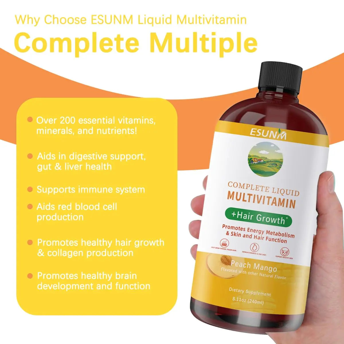 ESUNM Complete Liquid Multivitamin + Hair Growth, Promotes Energy Metabolism& Skin and Hair Function| Vitamin C D | B Vitamins | ESUNM uk supplements