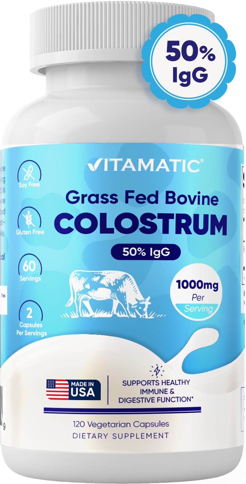 Vitamatic Bovine Colostrum Supplement 1000 mg per Serving - 50% Highest IgG - Supplement for Gut Health, Hair Growth, Beauty, Muscle Recovery, & Immune Support - 120 Capsules Vitamatic uk supplements