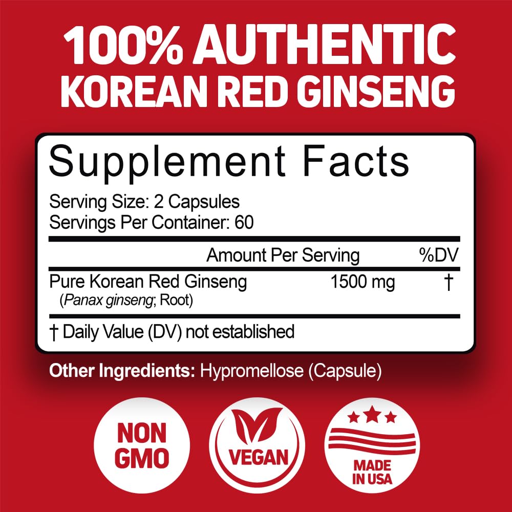 Herbtonics Korean Red Panax Ginseng 1500mg - Energy Supplement for Peak Performance, Focus & Vitality - High Potency Ginseng Root Extract - 240 Vegan Capsules Herbtonics uk supplements