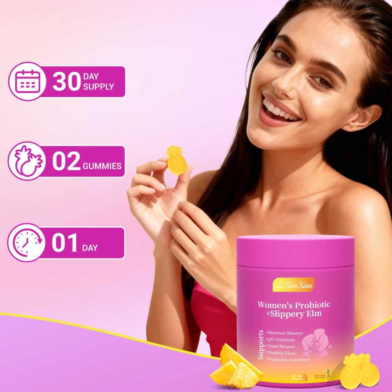 Le Tian Xian Her Juicy Feminine Probiotics Gummies for Women with Slippery Elm, Prebiotics & Lactobacillus - for pH Balance & Digestive Health, Tropical Pineapple Flavor, 60 Count Le Tian Xian uk supplements