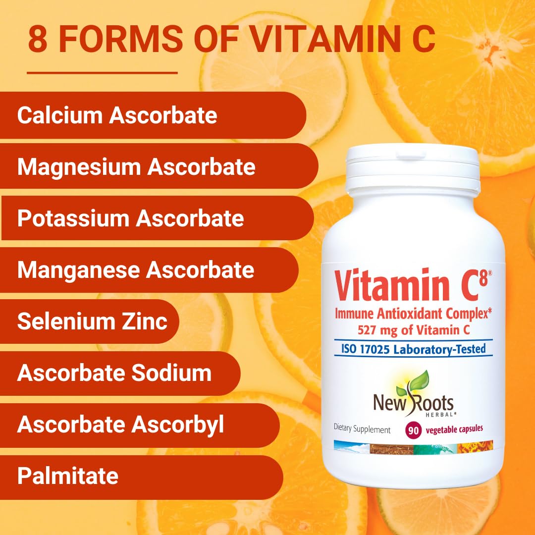 Vitamin C8 + Zinc Supplement for Higest Absorption (90 Capsules) | 527mg per Portion | 8 Buffered Sources of Vitamin C with Bioflavonoids, Green Tea & Quercetin for Stronger Defense | 3 months Supply NEW ROOTS HERBAL uk supplements