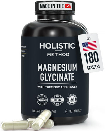 Magnesium Glycinate Capsules with Organic Turmeric and Ginger - 180 Vegan Capsules for Sleep, Relaxation, Muscle Cramps and Immune Support Holistic Method uk supplements