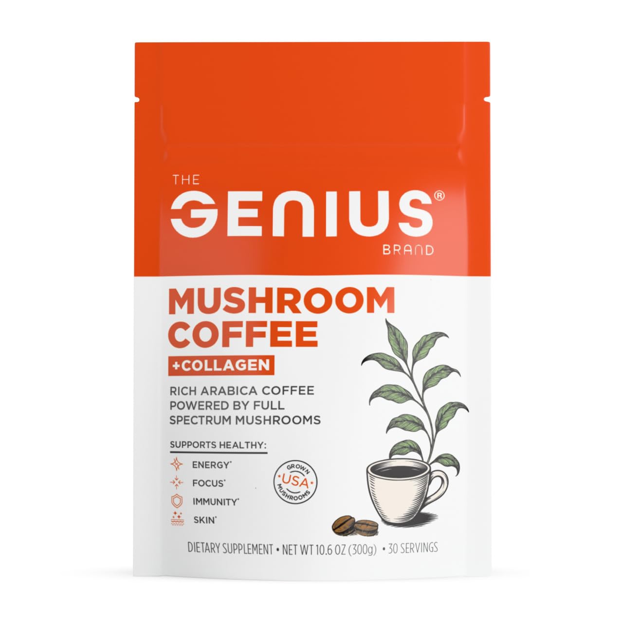 The Genius Brand Organic Mushroom Coffee + Collagen - Daily Energy Support - Healthy Immune Function - Arabica Coffee with Cordyceps, Reishi & Lion's Mane Mushroom Blend - 10.6 oz (30 Servings) The Genius Brand uk supplements