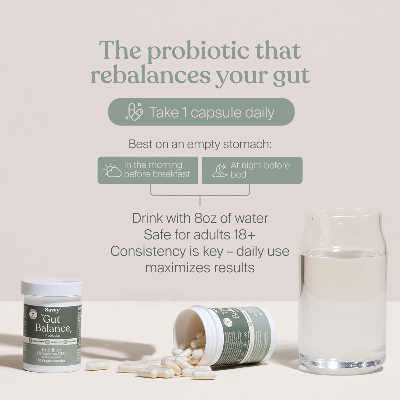 SAVVY Gut Balance Probiotics for Women & Men, 15 Billion CFU, 7 Clinically Studied Strains, Digestive Health, Immune Support, Bloating Relief, 60 Vegan Capsules, Non GMO, Sugar-Free SAVVY uk supplements