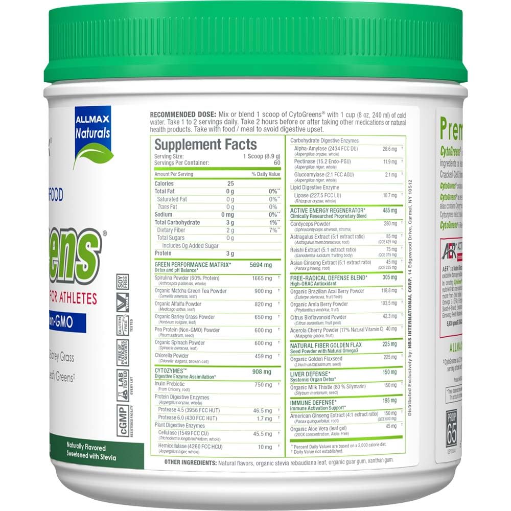 ALLMAX Naturals CytoGreens Super Greens Powder, Premium Green Superfood with Greens, Superfoods, Daily Greens Supplement, Acai Berry Green Tea, 60 Servings ALLMAX uk supplements