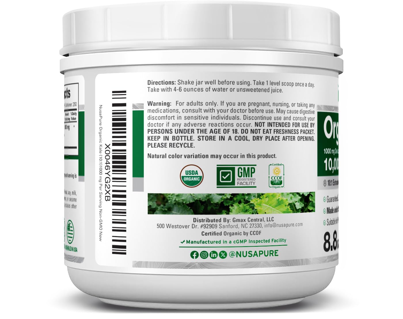 NusaPure Organic Kale Powder Extract 10:1 - Suitable for Vegetarian/Vegan, Non- GMO - 10,000 mg - 250 Capsules NusaPure uk supplements