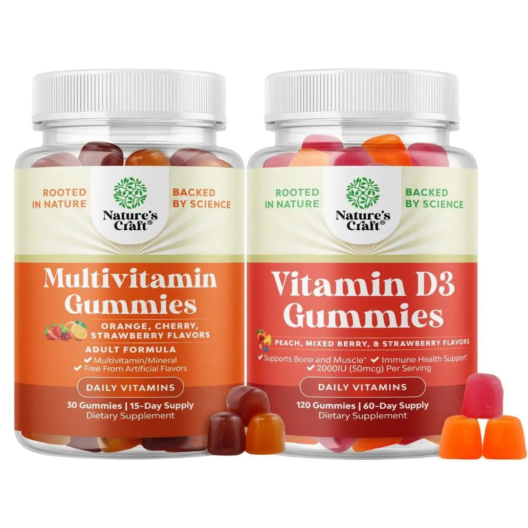 Bundle of Potent Daily Multivitamin Gummies - Wellness Blend of Vitamin D A C E B12 Zinc & Biotin for Energy & Immunity and Vitamin D3 Gummies Natures Craft uk supplements