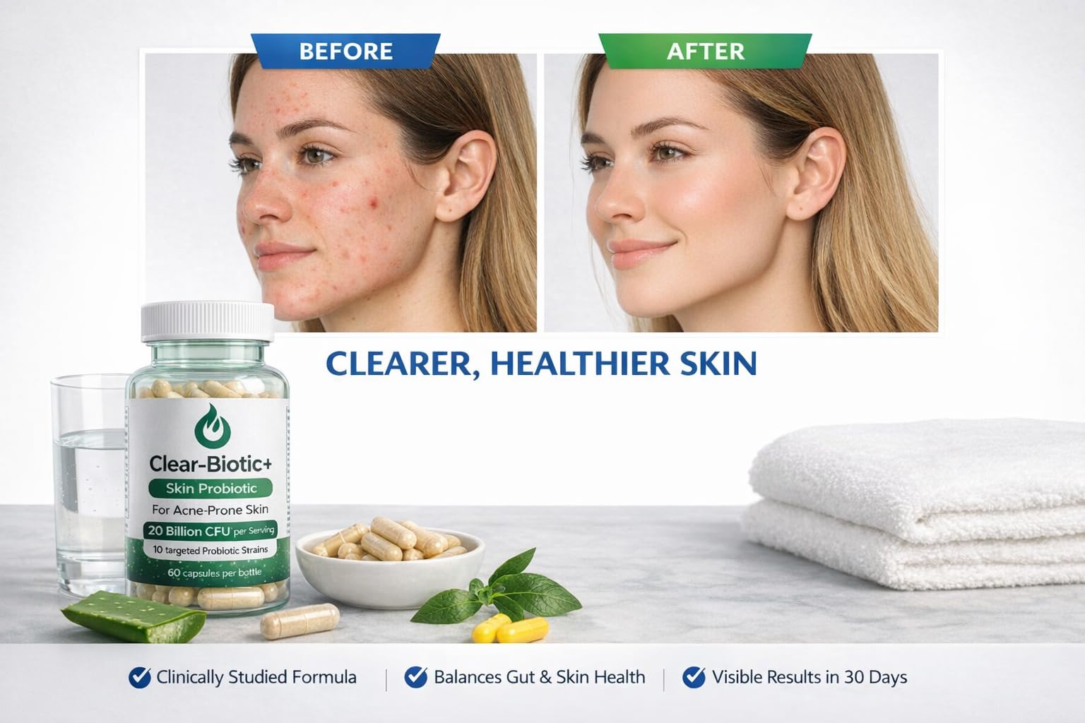 Acne Pills Probiotic Acne Supplements for Teens & Adults - Hormonal Acne Vitamins, Gut Health for Clear Skin, Non-GMO (60 Capsules) Gut Skin Axis Clear-Biotic uk supplements