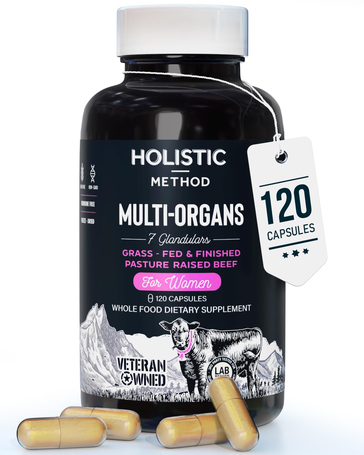 Beef Organ Supplement Grass Fed Complex for Women - 7 Carnivore Meat Proprietary Blend of Beef Liver, Marrow, Brain, Thymus, Spleen, Kidney, Colostrum, Heart, Pancreas, Gallbladder -120 Caps Holistic Method uk supplements