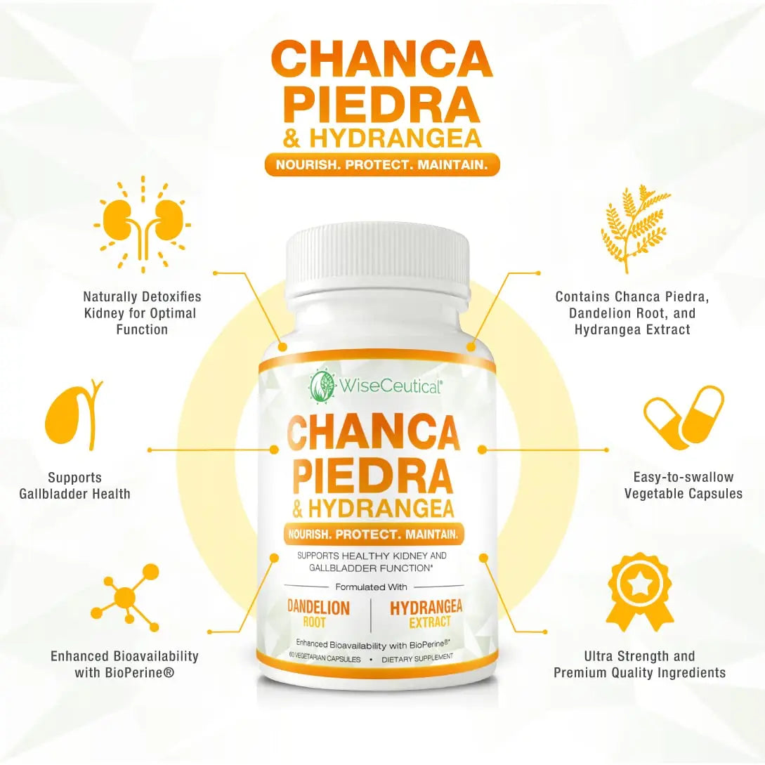 Max Strength Chanca Piedra, Hydrangea & Dandelion Root - Natural Kidney & Gallbladder Formula - Stone Breaker, Flush Impurities, Cleanse Urinary Tract - Enhanced with BioPerine. 60 Veggie Capsules. Wiseceutical uk supplements