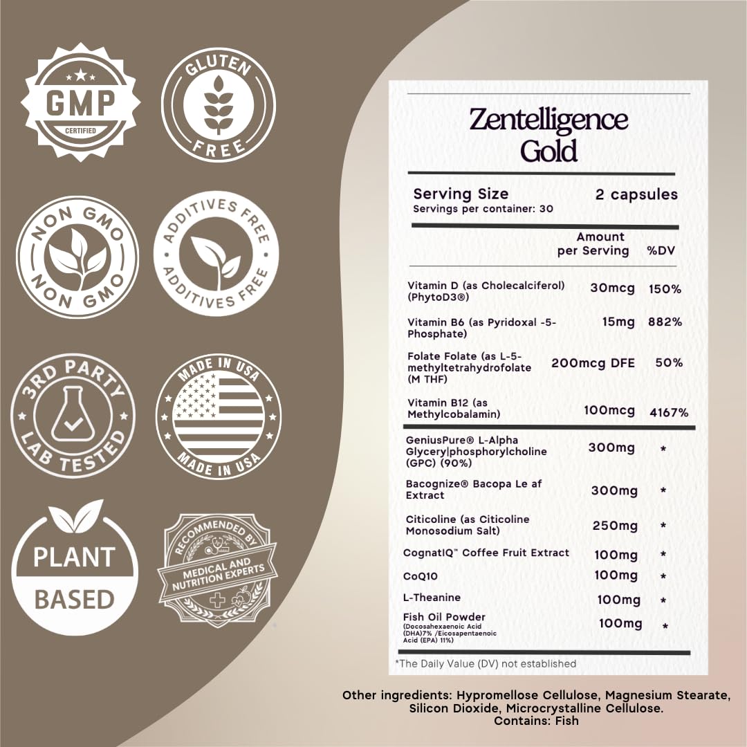 Zen Principle Zentelligence™ Gold Brain Supplement – Memory, Focus & Mental Clarity. Premium Cognitive Support for Adults 40+ with Magnesium, Vitamin D3, CoQ10, Vitamin B12 & L-Theanine. 60 Capsules Zen Principle uk supplements