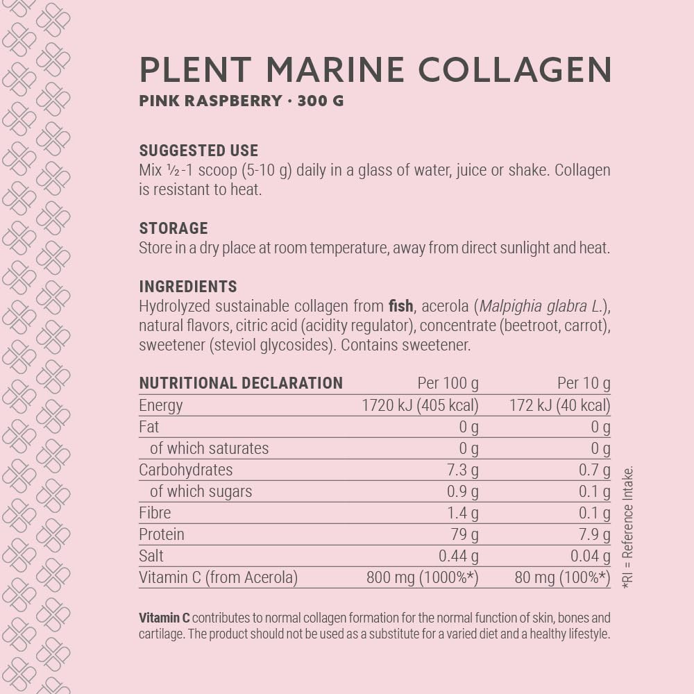 Plent Pure Marine Collagen Pink Raspberry - Stay Beautiful - 5G Daily - Collagen Peptides - 300g Plent uk supplements