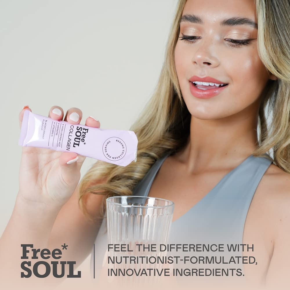Marine Collagen Liquid 8000mg with Hyaluronic Acid, Keratin, & Vitamin C, 14 x 8000mg Hydrolysed Collagen Free Soul uk supplements