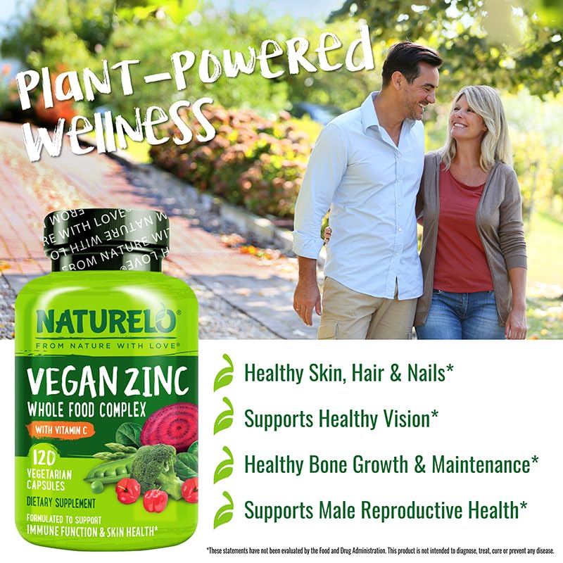 NATURELO Vegan Zinc Immune Support Capsules - Whole Food Complex with Vitamin C for Healthy Skin, Hair, and Nails - 120 Capsules NATURELO uk supplements