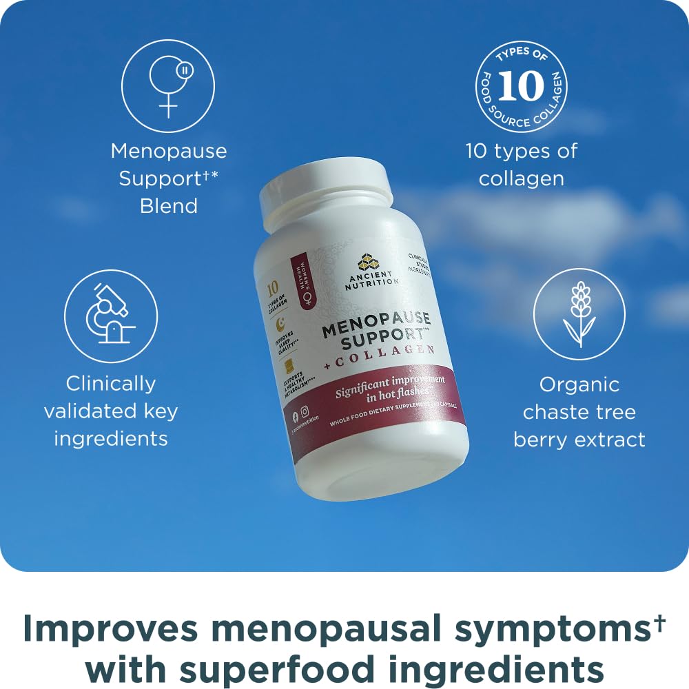 Ancient Nutrition Menopause Support + Collagen Supplement, Hydrolyzed Collagen Peptides, Key Clinically Validated Superfoods, Significant Improvement in Hot Flashes and Sleep Quality, 60 Capsules Ancient Nutrition uk supplements