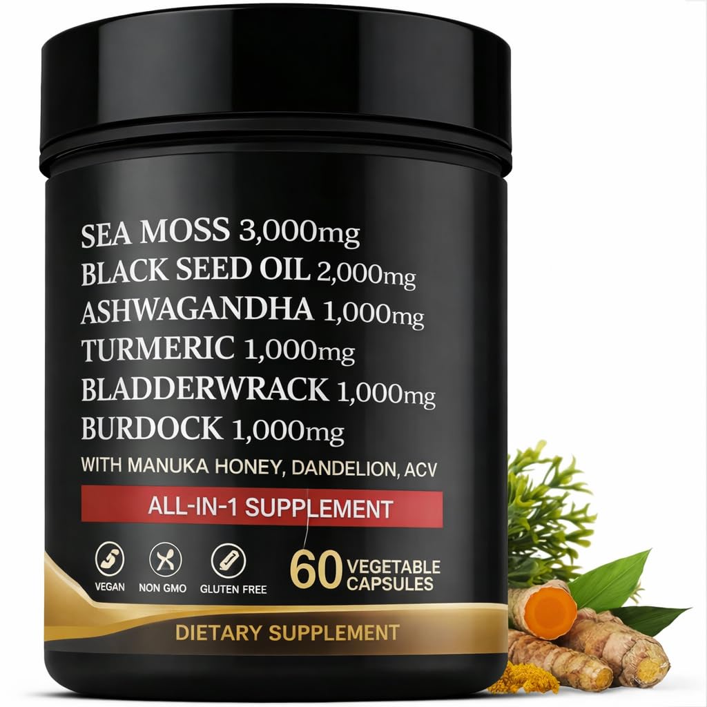 AZ ApexZone True Sea Moss Capsules Black Seed Oil Ashwagandha Burdock Root, Tumeric Supplement with Manuka Honey, Dandelion Root ACV - 60 Capsules - Multi Vitamin AZ ApexZone uk supplements