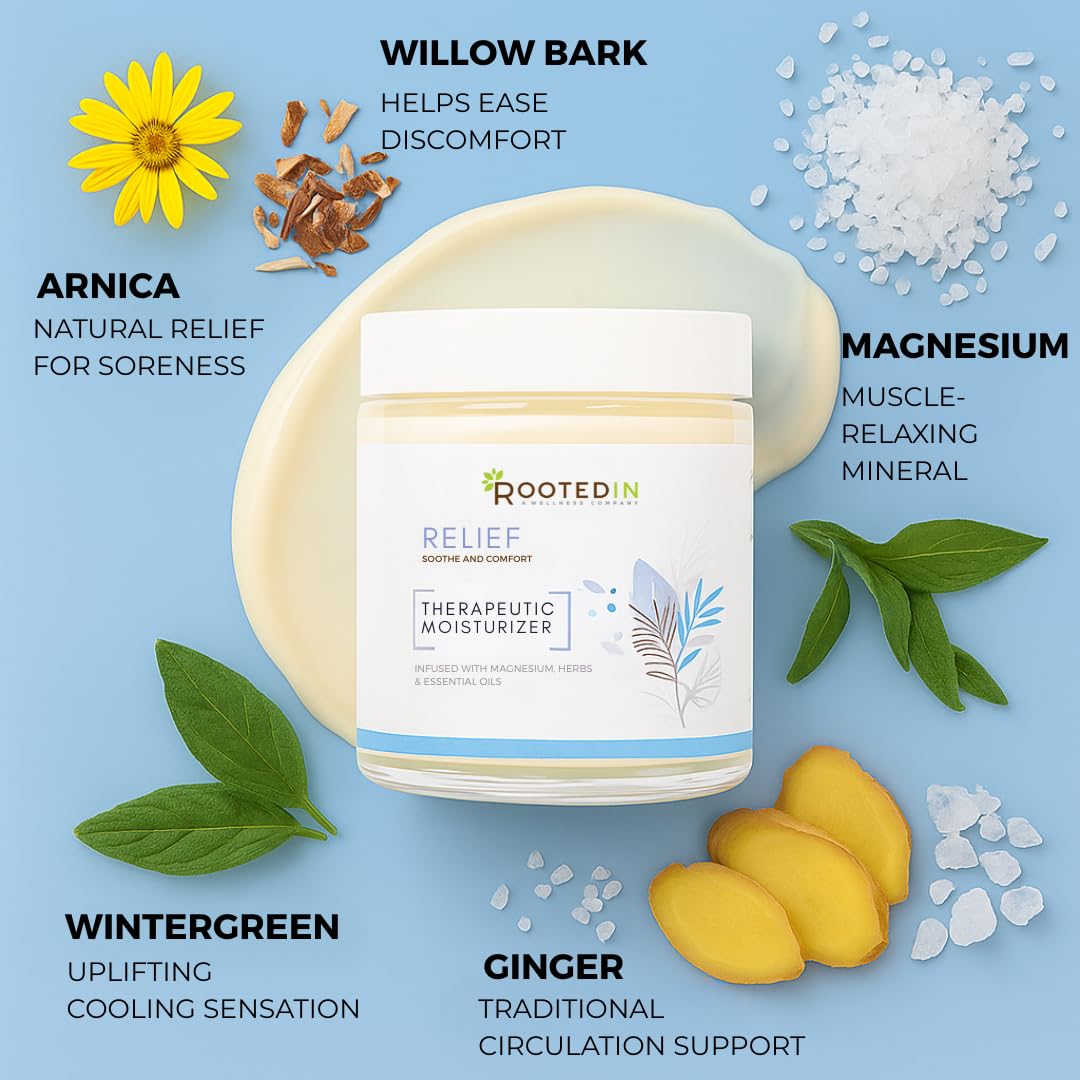 Rooted In Relief Magnesium Cream – 500mg Magnesium Chloride per Teaspoon – Enriched with Arnica, Comfrey & Botanical Blend – Targeted Muscle Support & Topical Relaxation – 4 oz Glass Jar Rooted In uk supplements