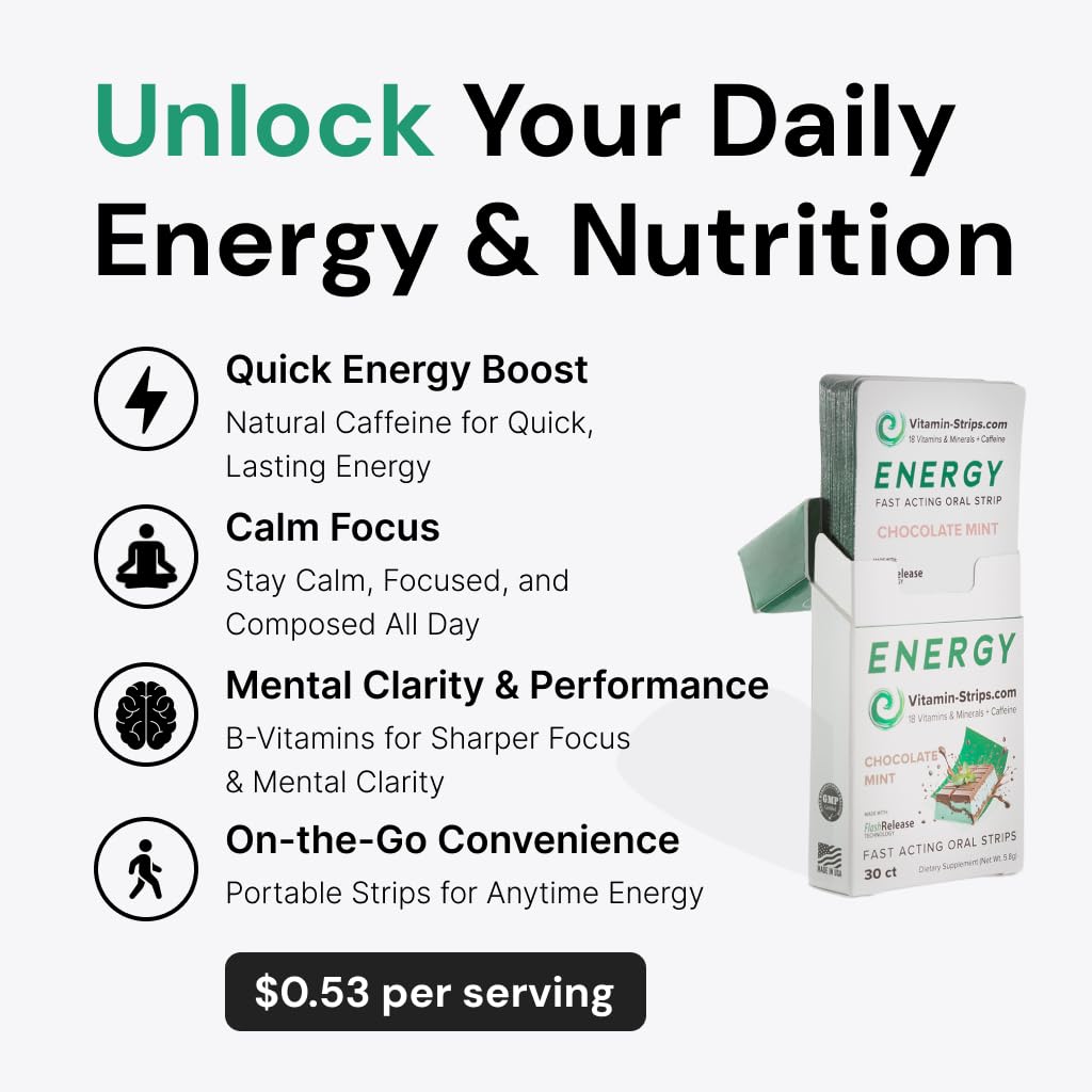 Peak Performance Energy Strips — Vegan, Gluten Free, Soy Free & Sugar-Free Breath Strips w/Caffeine, 18 Vitamins & Minerals — Instant Energy Boost Chocolate Mint Dietary Supplement — 30 Oral Strips Vitamin-Strips uk supplements
