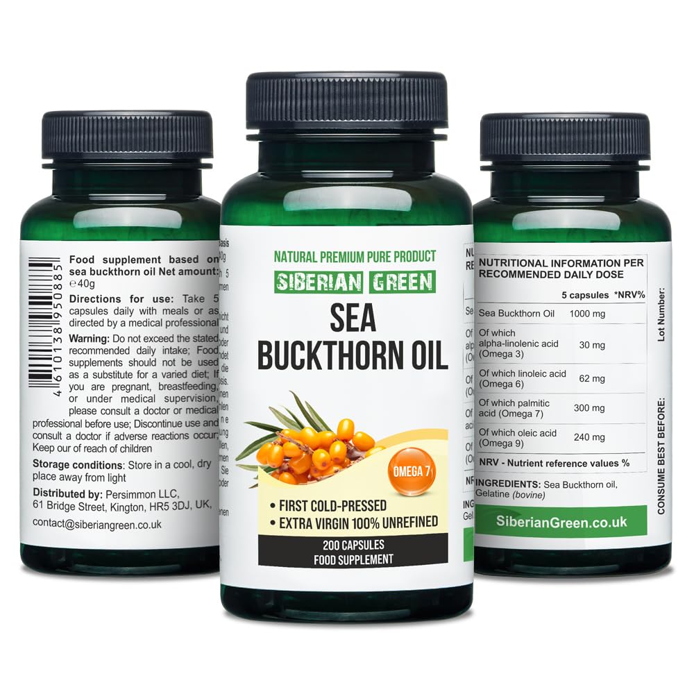 Siberian Sea Buckthorn Oil Capsules 200 Softgels | from Wild-harvested Siberian Sea Siberian Green uk supplements