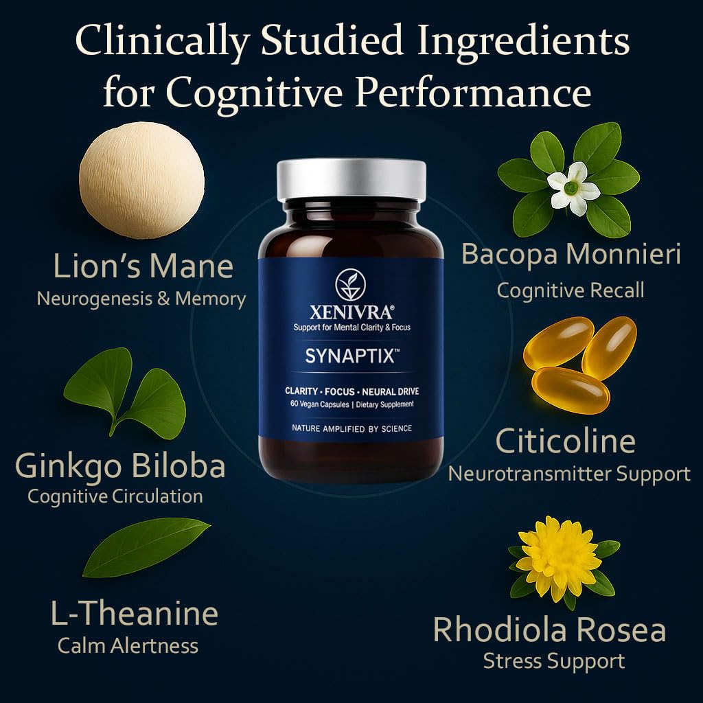 Xenivra Synaptix™ Natural Nootropic Brain Supplement | Herbal Memory & Focus Pills with Citicoline, L-Theanine, Lion’s Mane, Bacopa & Rhodiola | Mental Clarity & Brain Fog Support | 60 Vegan Capsules XENIVRA NATURE, AMPLIFIED BY SCIENCE uk supplements