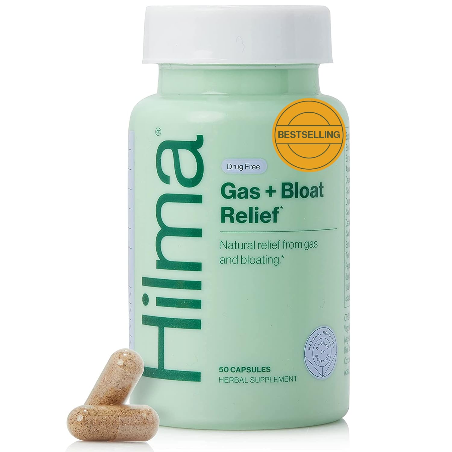 Hilma Natural Gas and Bloating Relief for Women, Doctor Formulated with Organic Ingredients, Lemon Balm, Fennel and Peppermint Leaf, 50 Vegan Capsules Hilma uk supplements