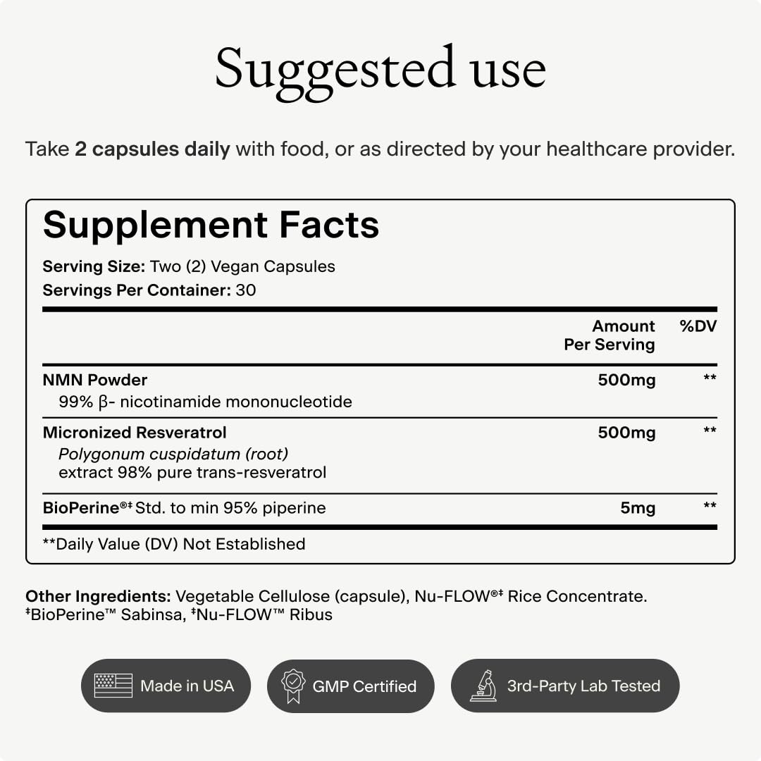 OMRE NMN + Resveratrol Supplement 99% Purity for Cellular Energy, NAD+ Boost | Highly Bioavailable Nicotinamide Mononucleotide Supplement Resveratrol 500mg & NMN 500mg, Made in USA, 60 Capsules OMRE uk supplements