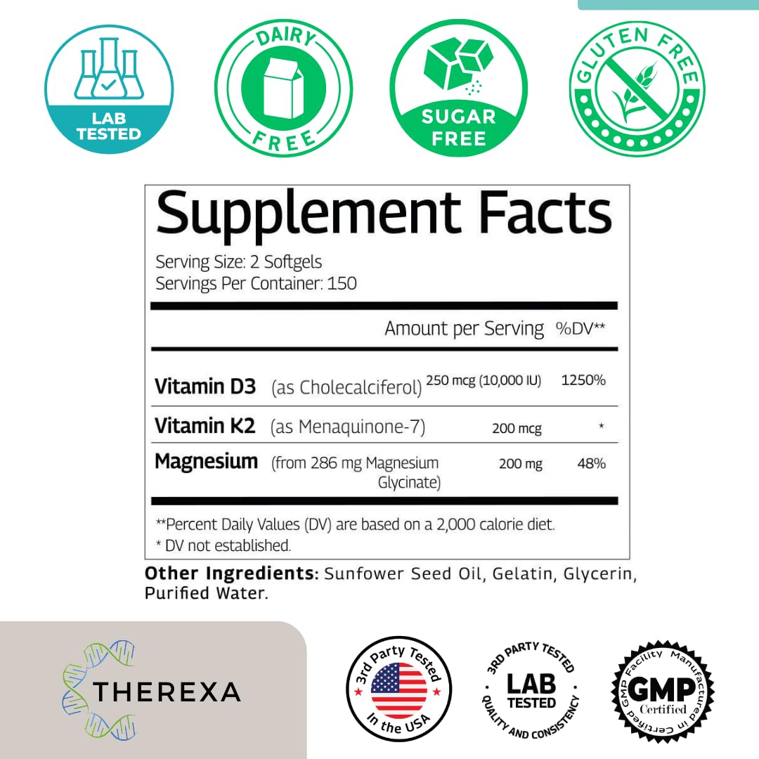 THEREXA Vitamin D3 K2 Magnesium Supplement - Extra Strength with 10000 IU Vitamin D3, Magnesium Glycinate and 200 mcg K2 MK-7 Vitamin Supplements Complex, for Women & Men - 300 Softgels THEREXA uk supplements