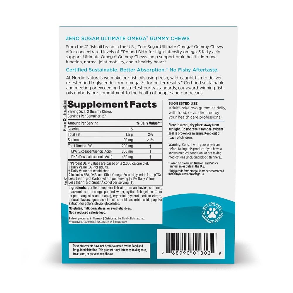 Nordic Naturals Zero Sugar Ultimate Omega Gummy Chews - Tropical Fruit - 54 Gummy Chews - Non GMO - Optimal Wellness - 27 Servings Nordic Naturals uk supplements
