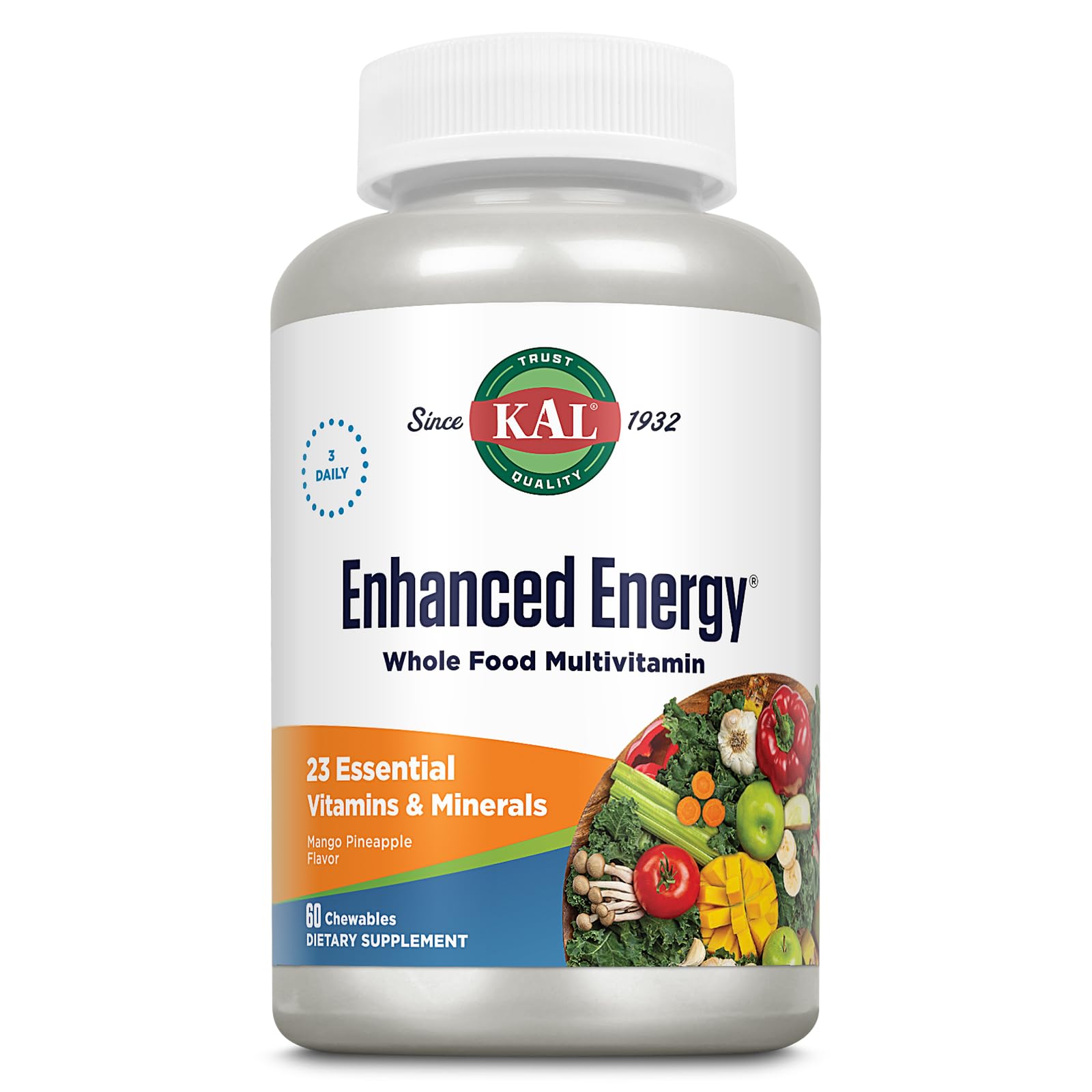 KAL Enhanced Energy Supplements, Whole Food Chewable Multivitamin with Iron, 3 Daily, 23 Essential Vitamins and Minerals, Super Foods, Enzymes, Mango Pineapple Flavor, 60-Day Guarantee, 20 Serv, 60ct KAL uk supplements