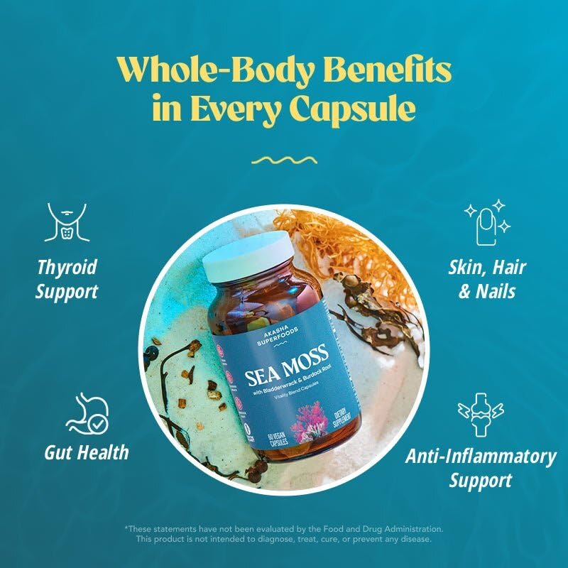 Akasha Superfoods Sea Moss Capsules, Organic Irish Moss with Bladderwrack Root, Burdock Root, and BioPerine, Skin, Thyroid, Digestion & Immunity Support for Women & Men, Gluten Free, Vegan, 60 Count Akasha Superfoods uk supplements
